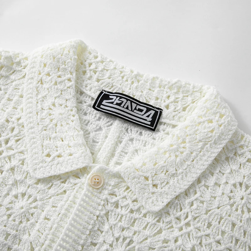 Retro Mens Summer Crochet Short Sleeve Shirts Fashion Hollow Out Knitted Polo Shirts High Quality Jacquard Cardigan Tops SY0069 260311