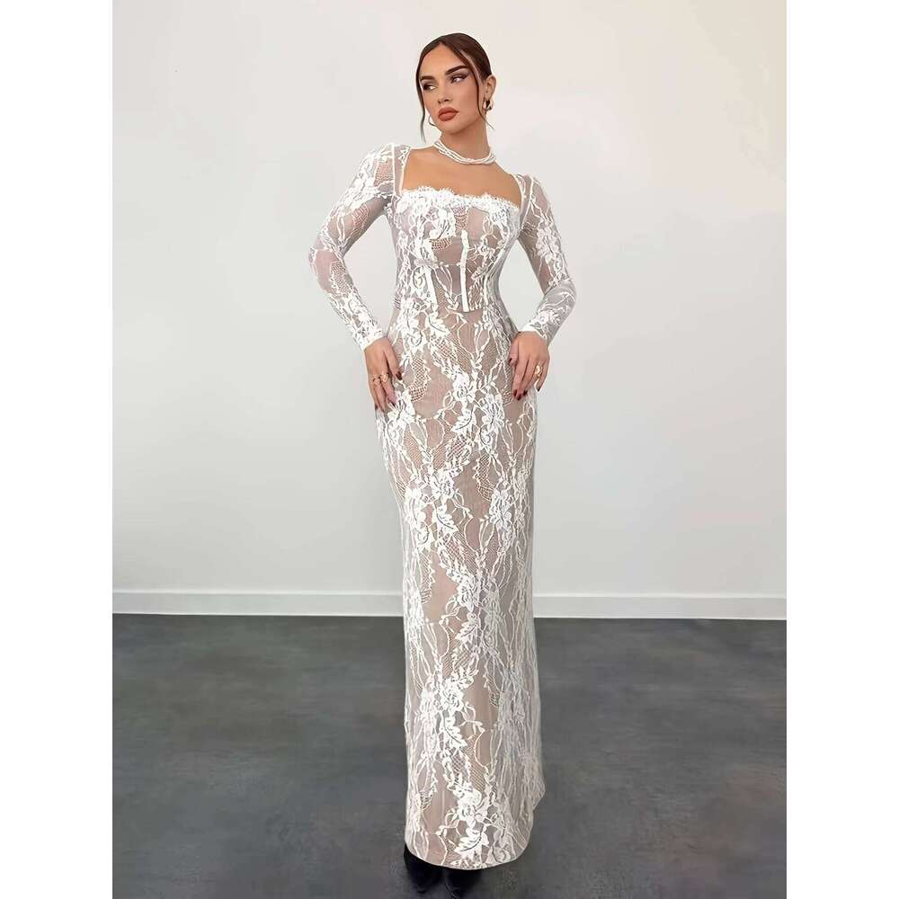 Elegant Direction Women's Spring Summer New Lace Splice Sexy Slim Long Sleeve Fashionable Casual Midi Dress C260312