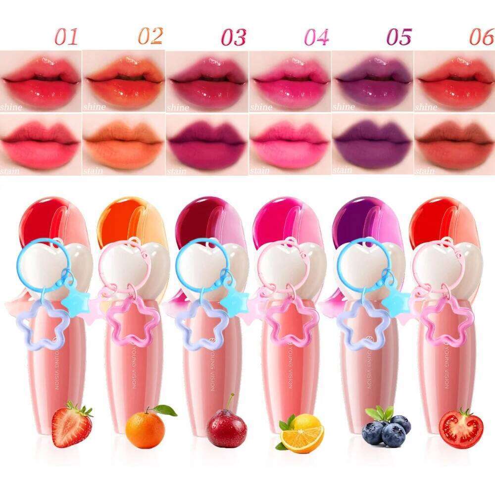YOUNG VISION 6-Color Fruit Glow Lip Gloss + Star Pendant Moisturizing Waterproof Liquid Lipstick Long-Lasting Color Cosmetics W260311