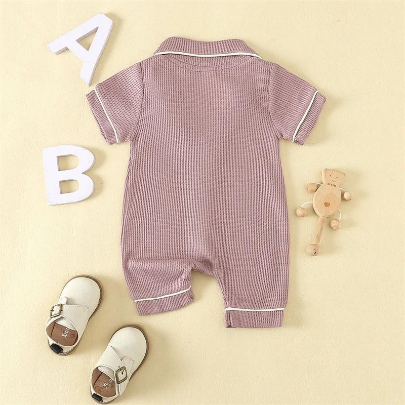 024months Baby Romper Pajama Lapel Neck Short Sleeve Trim Button Down Waffle Jumpsuit Infant Toddler Boys And Girls Sleepwear 260311