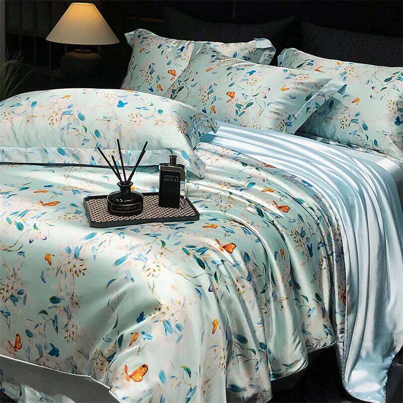 Floral Silk Bedding Set with Duvet Cover Bed Sheet Pillowcase Couple Single Double King Queen Soft Bedsheet Nordic Smooth H260312