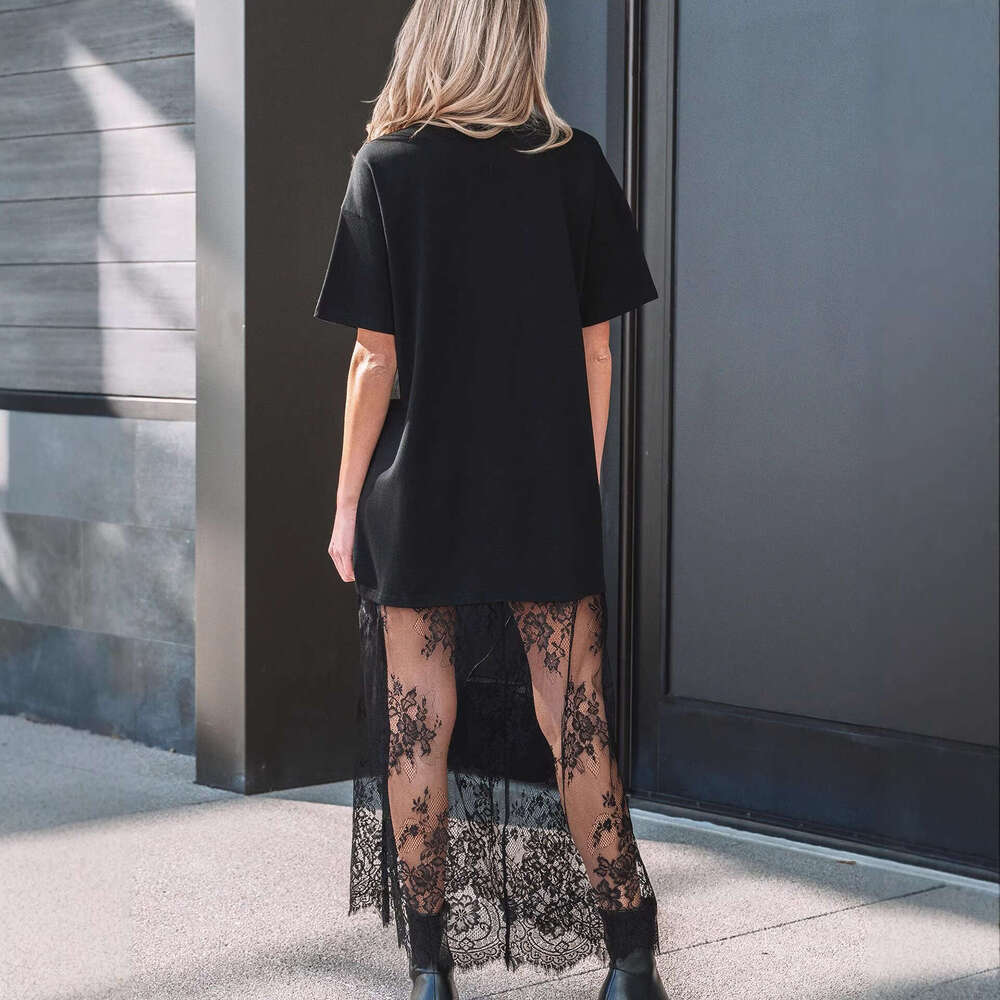 2025 Summer New Solid Color Long Women, European and American Style, Unique Design, Lace Patchwork Short Sleeve Dress for Women