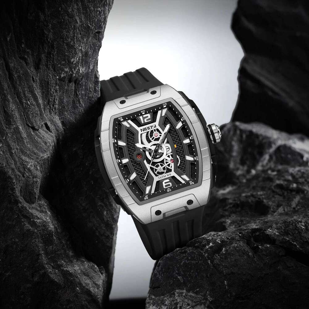 NIBOSI Analog Skeleton for Men Fashion Luxury Automatic Quartz Black Watches with Silicone Strap Luminous Reloj Hombre