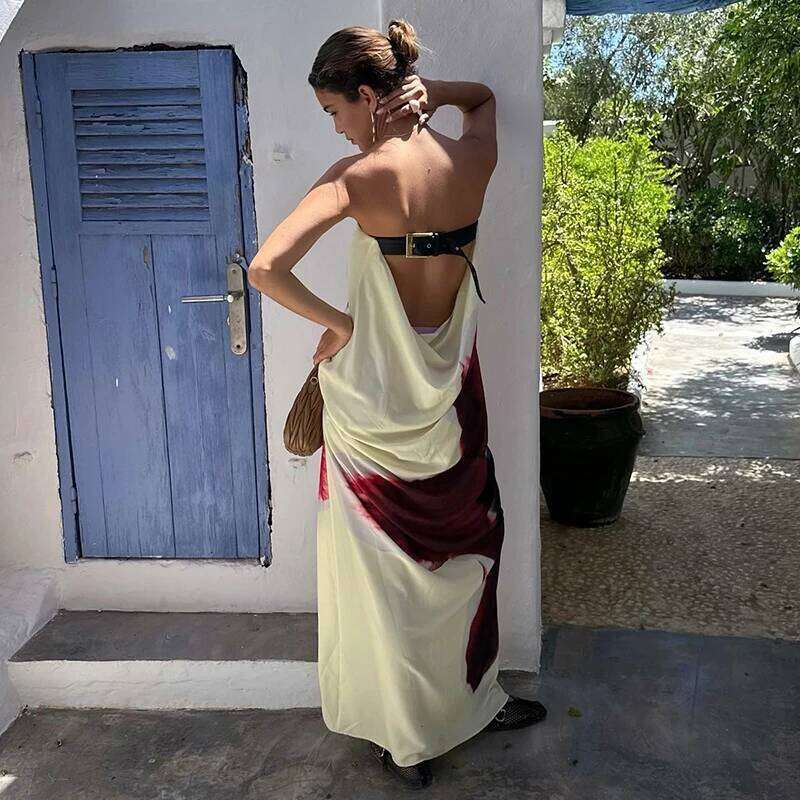 CUTENOVA Sexy Strapless Print Floral Belt Women Maixi Dress Yellow Backless High Waist Dresses Summer Holiday Elegant Beachwear C260312