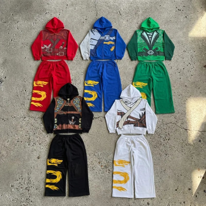 Y2K 2 piece set Anime Character Zipped Hoodie High Street Cosplay Print 5 Colors Daily Wear Trendy wide leg pants streetwear Set 260311