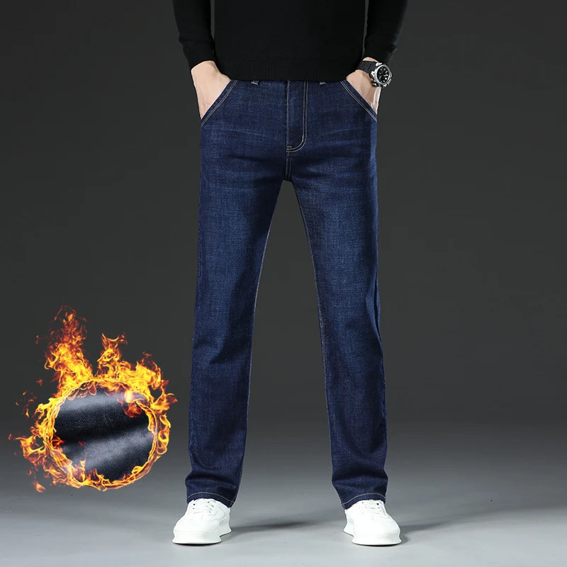 Winter Warm Fleece Jeans Mens Thick Thermal Casual Straight Denim Pants Male Business Work Stretch Trousers Clothing 260228