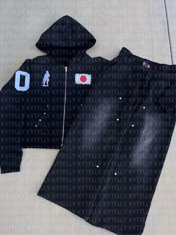 autumn and winter diamond loose plush national flag casual zipper hooded sweatshirt pants two-piece set trendy s 260311