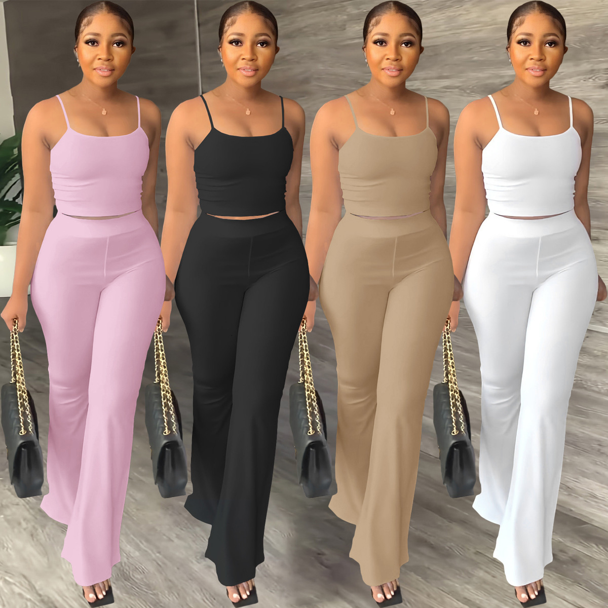 Womens Solid Color Camisole Slim Fit Bell-Bottom Pants Simple Fashion Set