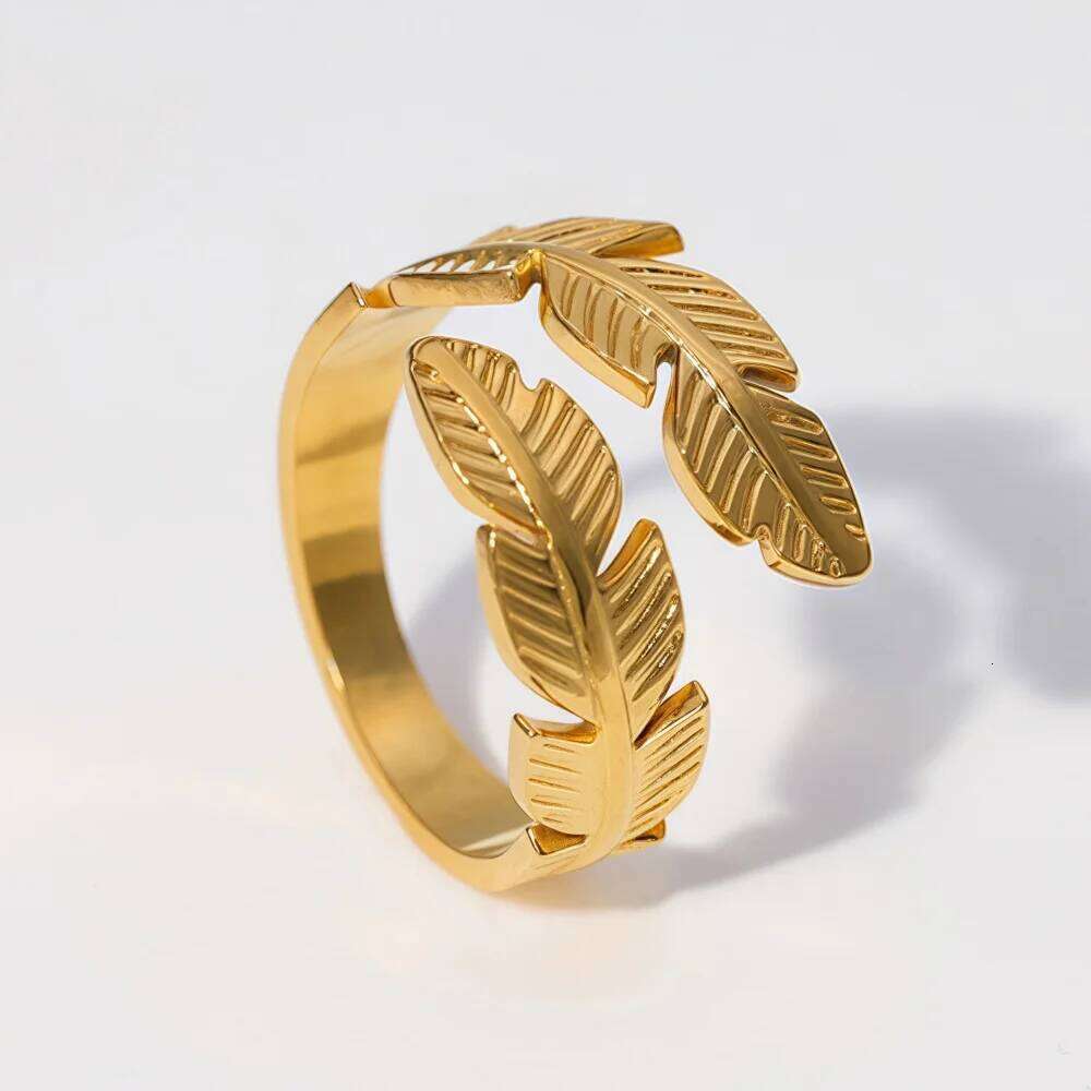 Retro Plated 18k Gold Color Stainless Steel Simple Feather Men Opening Adjustable Ring Fashion Women Jewelry Accessories H260312