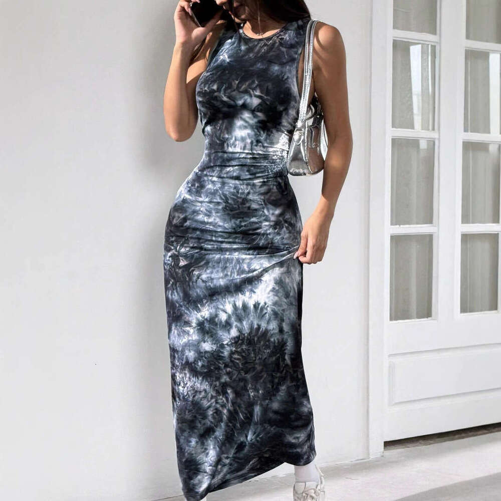In Stock European and American 2025 Spring Summer Export Women's Sexy Sleeveless Printed Mid-Length Slim Fit Tank Dress for Women