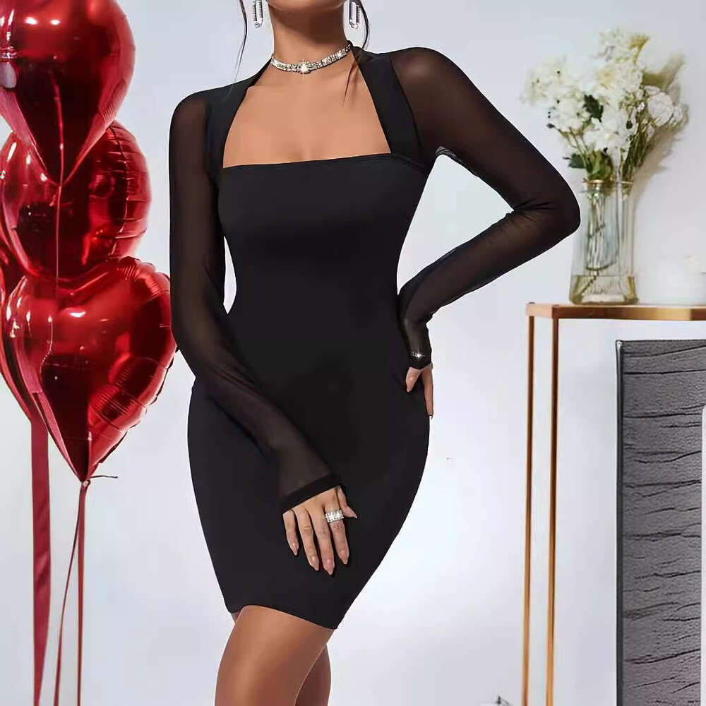 2024 Fall/Winter New European and American Women's Fashion Sexy Square Neck Slim-Fit Long-Sleeve Knit Bodycon Dress Short Skirt