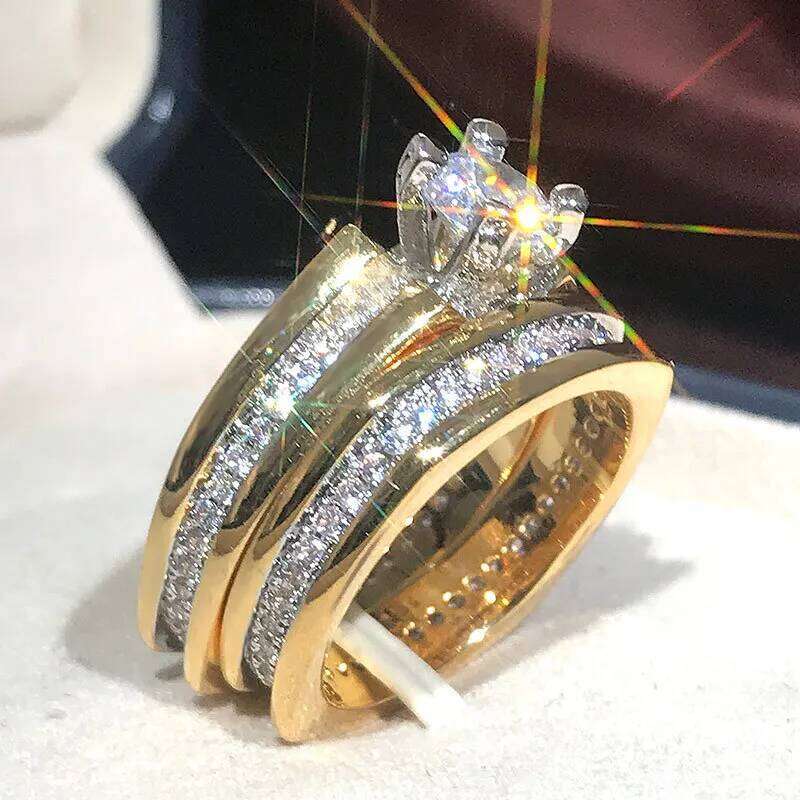 Huitan Wedding Ring Set for Women Round Zirconia Crystal 2Pcs Engagement Party Rings Anniversary Gift Trendy Jewelry Drop Ship W260311