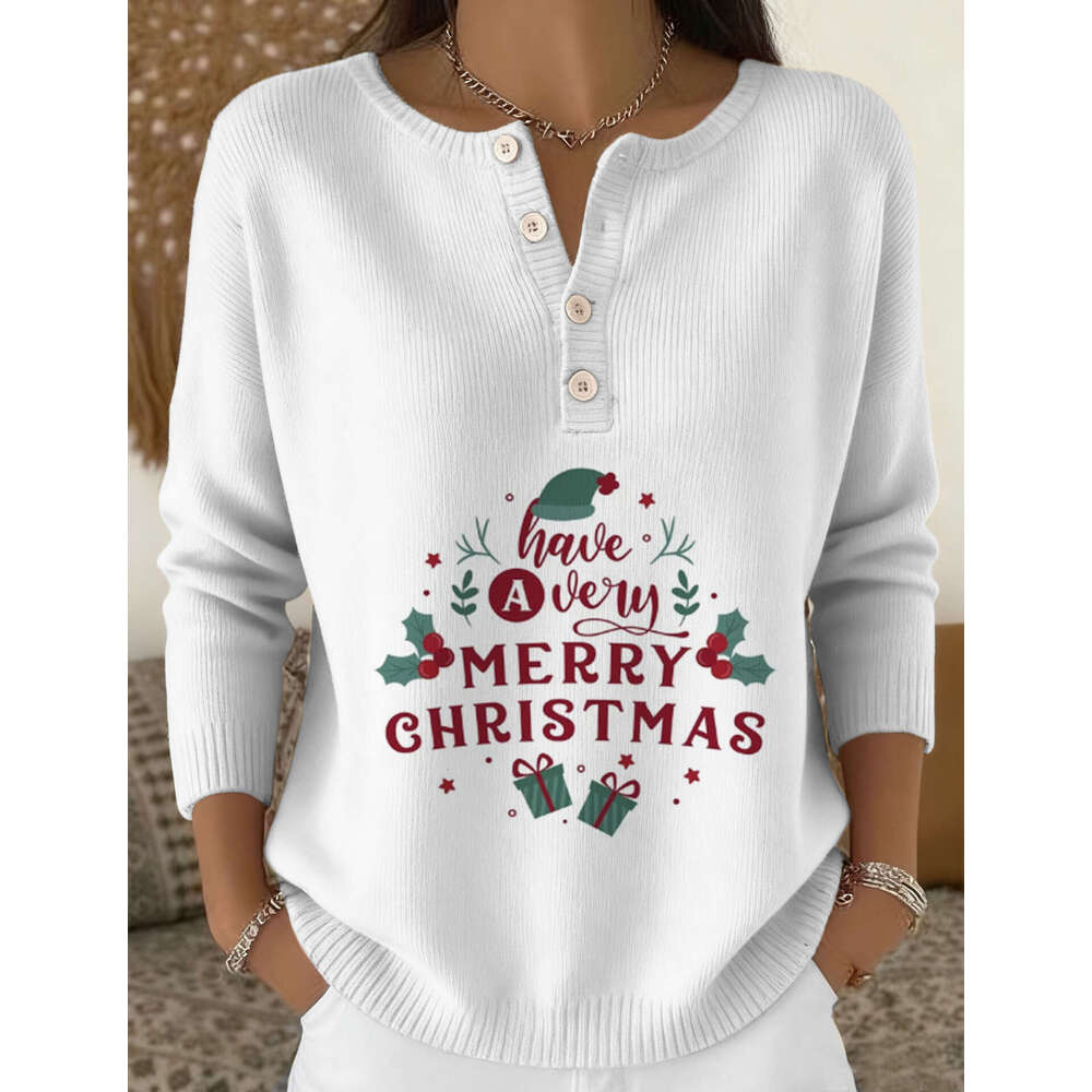 2026 New Christmas Autumn/winter European Print Women's Shoulder Down Cardigan Sweater
