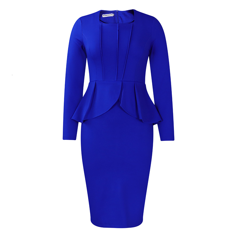 D444 Plus Size Womens Clothing Autumn Winter New Long Sleeve OL Elegant Ruffle Dress