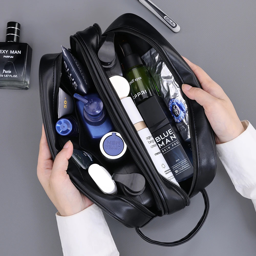 Double-Layer Toiletry Bag for Men PU Leather Travel Wash Organizer Dopp Kit Water-resistant Shaving Cosmetic Bag Strorage 260304