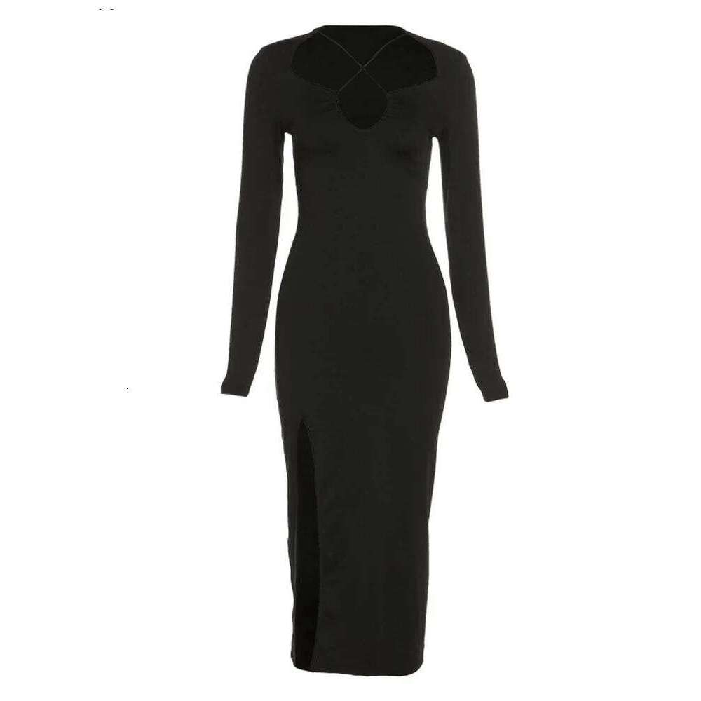 Autumn Crossed Cleavage Maxi Dress Women Concise Side Spilt Elegant Vestido Lady High Street Bodycon Slim Robe Skirt C260312