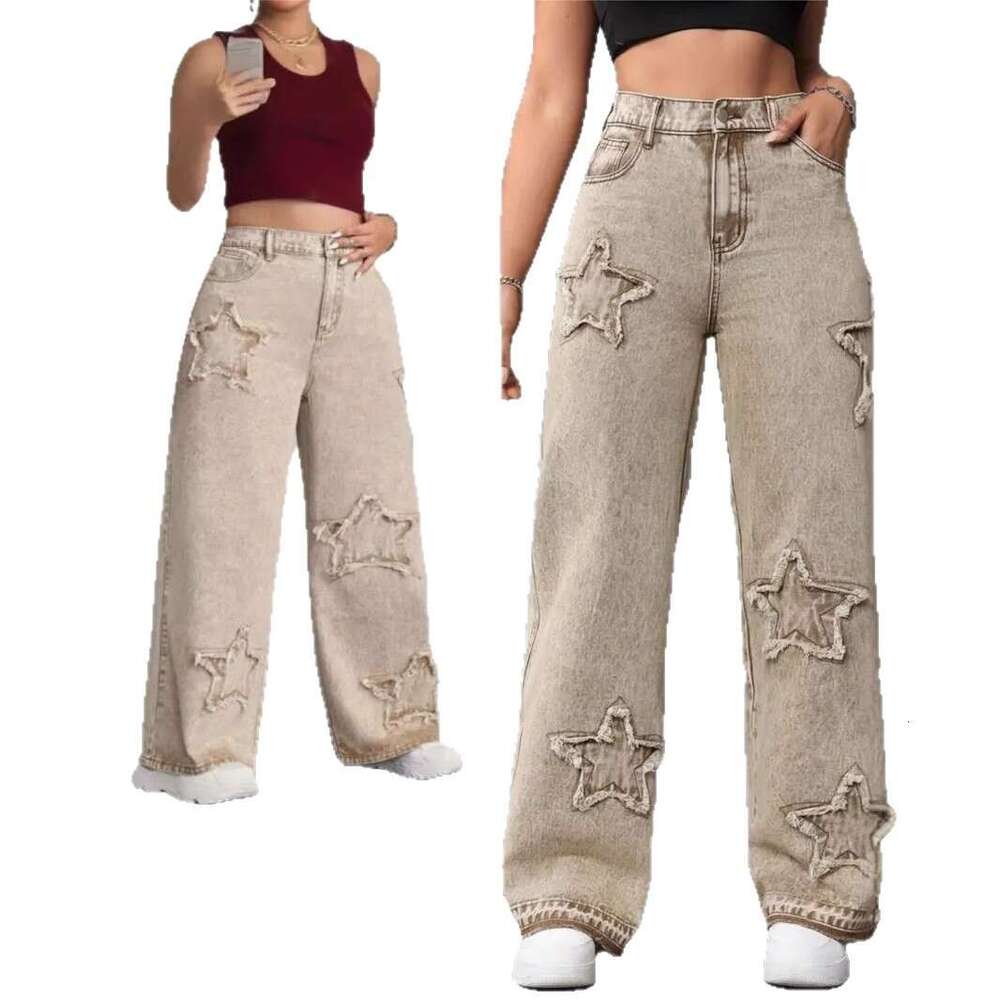 Women'S Denim Wide-Leg Jeans, Embroidered Star Details, Raw Edges, Straight-Leg Jeans, Non-Stretch Denim With Slant Pockets