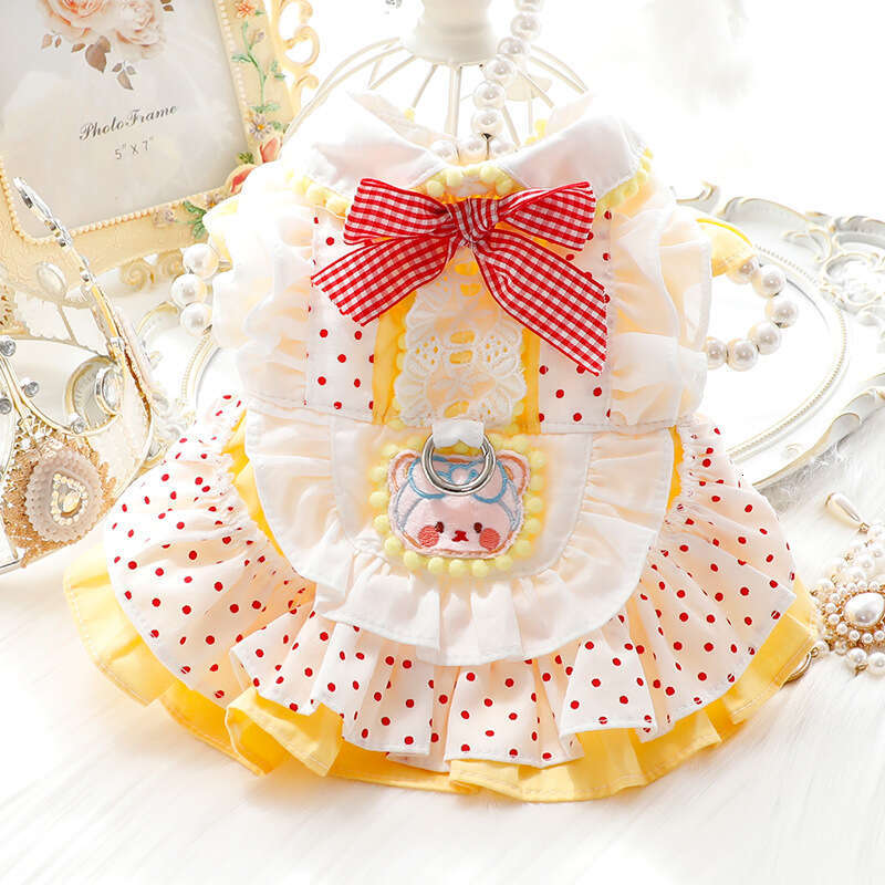 dog Clothes Spring Summer Thin Style Cat Princess Dress Red Dot Yellow Bear Leash Lolita Small Dog Pet Wholesale