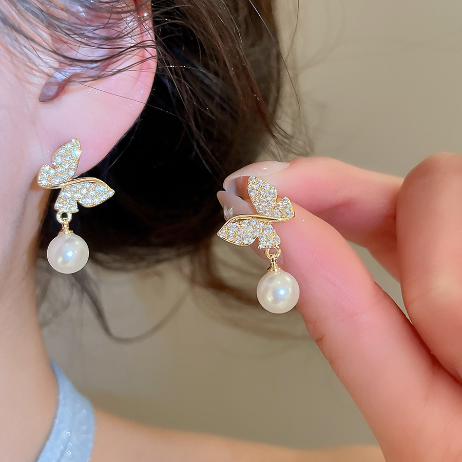 18k real gold plated silver needle zircon butterfly pearl vintage fashion temperament earrings, light luxury niche earrings