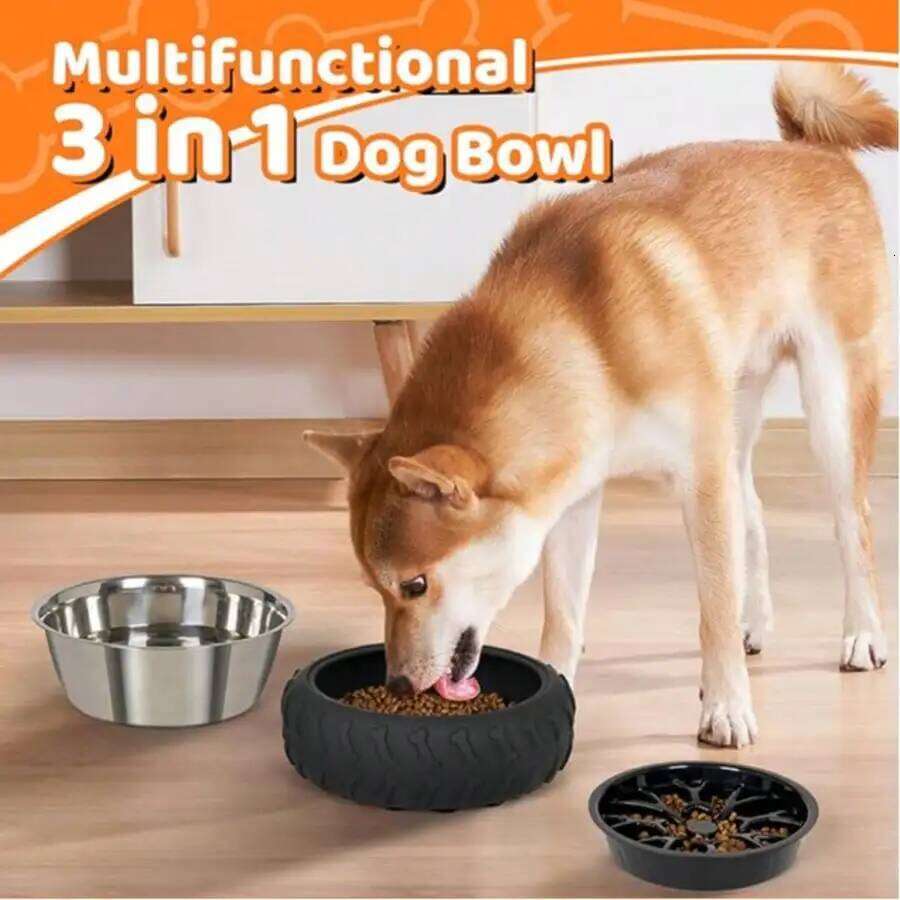 3-in-1 Stainless Steel Slow Feed Dog Bowl - Non-Slip Suction Cup Feeder 26Y0312