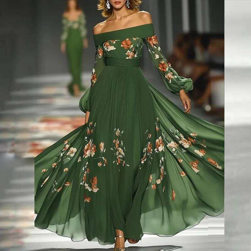 Elegant Sleeve Slash Neck Pleated Long Sexy Backless Print High Waist Woman Autumn Strapless Lace Up Prom Dress C260312