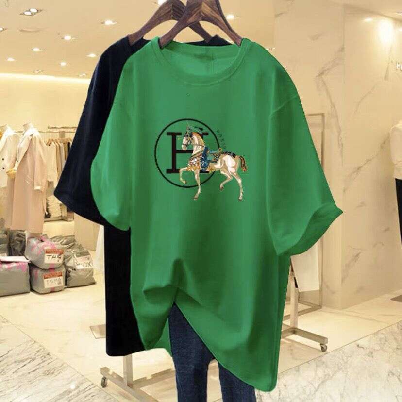 Horse-Patterned Dragon Fruit Red Women's T-Shirt New Model, Pure Cotton, Loose-Fitting, Mid-Length Short-Sleeve T-Shirt Asia Size