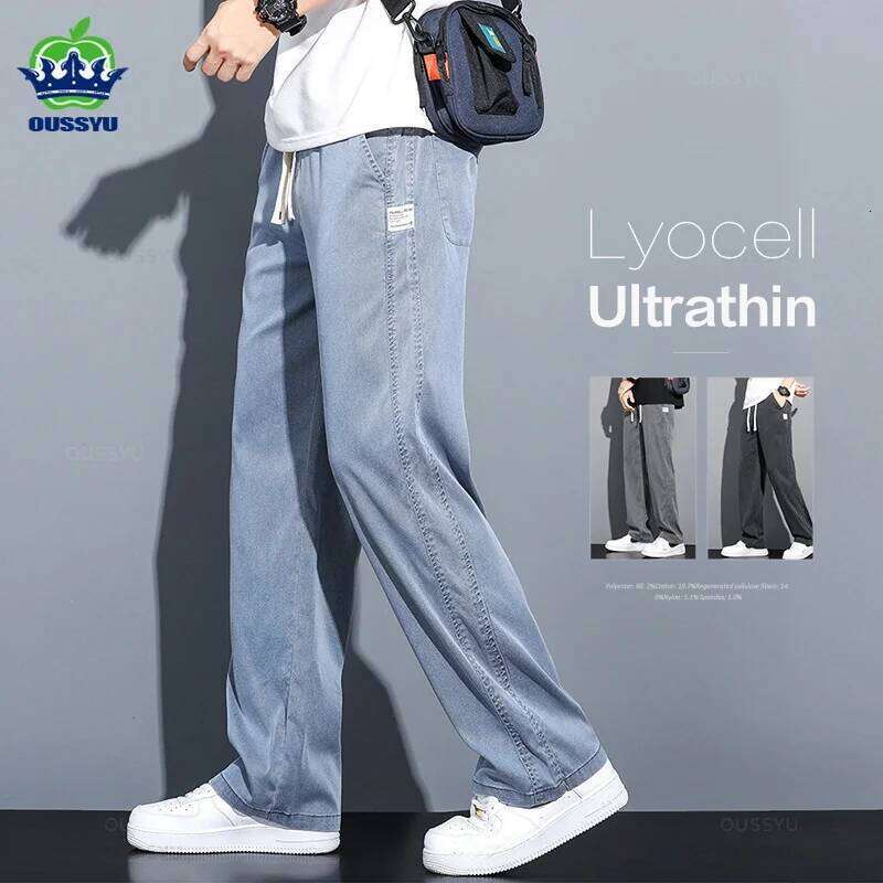 Summer Soft Lyocell Fabric Men's Jeans Thin Loose Straight Pants Drawstring Elastic Waist Korea Casual Trousers Plus Size M-5XL 26Y0312