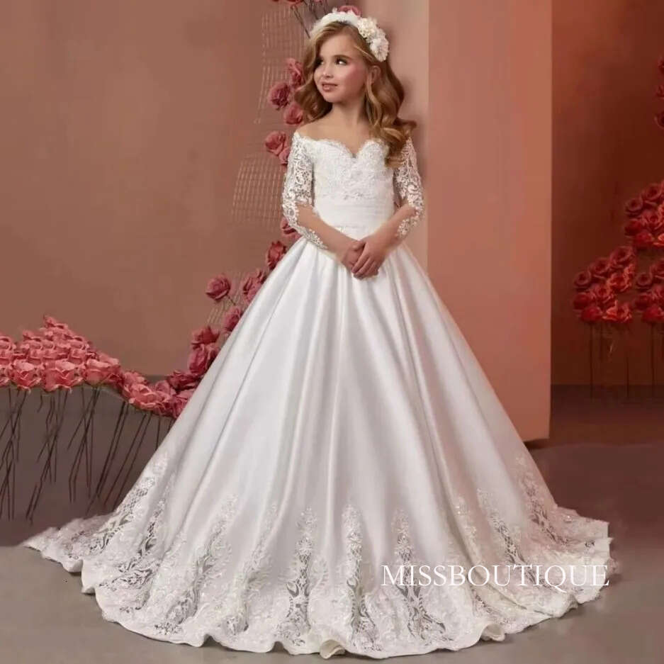 Princess Ivory White Flower Girl Dress Satin Lace Floral Appliques Long Sleeve For Wedding Birthday Party Prom Pageant Gowns Kids Formal Occasion Robe