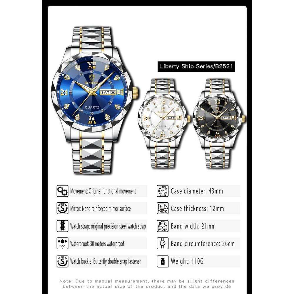 BINBOND Waterproof Stainless Steel Quartz 2024 Top Brand Luxury Night Glow Date Week Men's Watch 2521