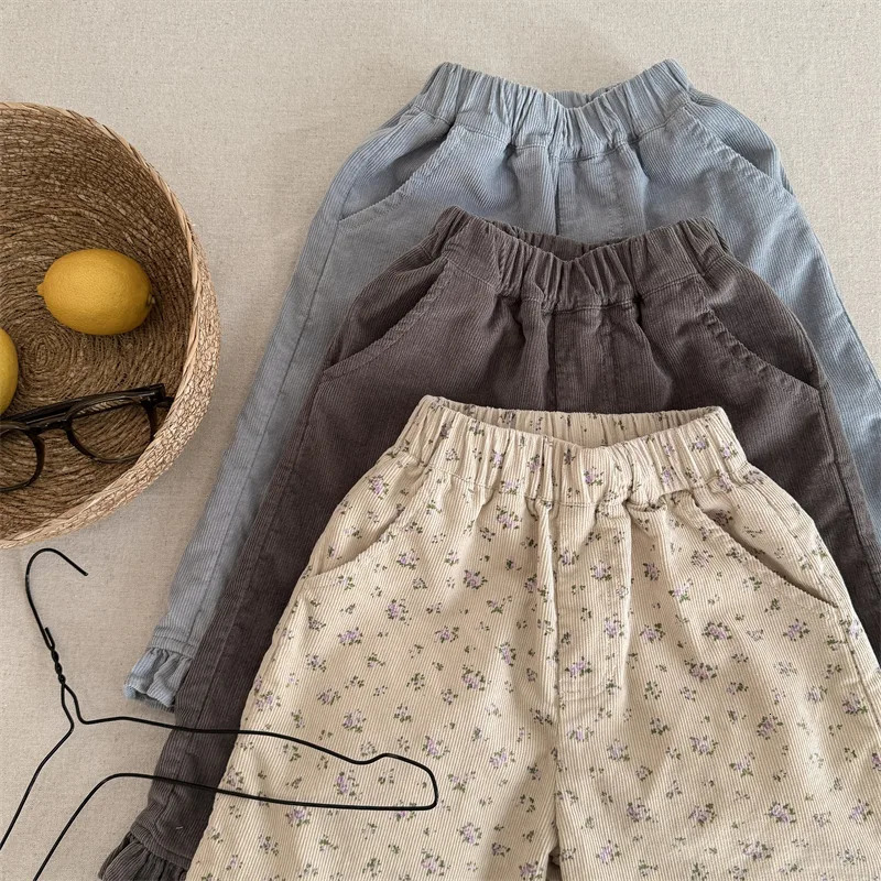 deer jonmi 2026 Spring Baby Girls Wide Leg Pants Floral Printed Korean Style Corduroy Ruffles Toddlers Kids Casual Trousers 260311