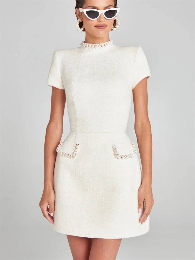 Tosssy Shiny Elegant Female MIni Pocket Short Sleeve Patchwork Fashion Slim Party Gown Women's Glitter Vntage Dress