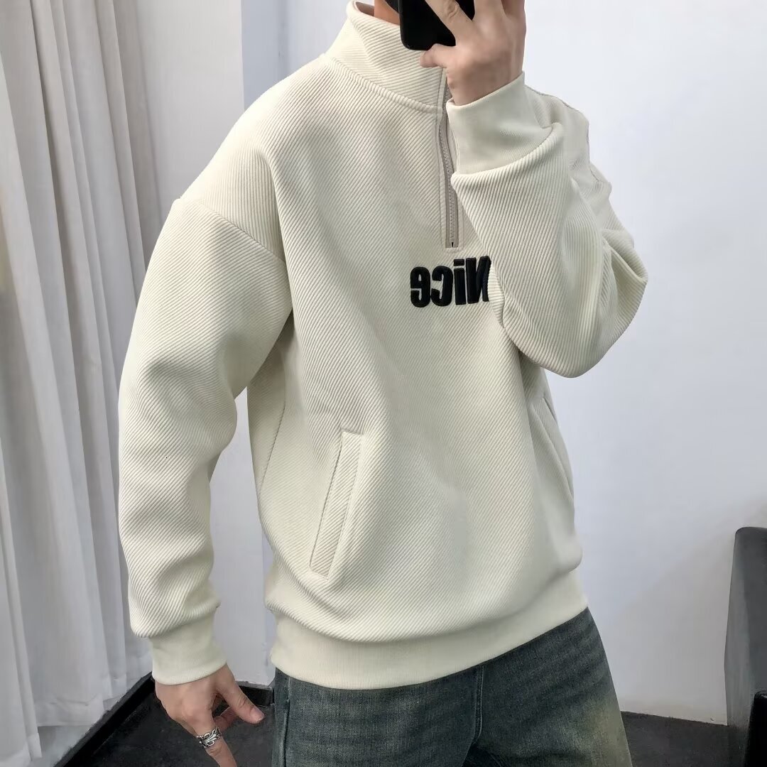 White Minimalist Printed Designer Hoodie Loose-fit Half-high Collar Sweatshirt Autumn New Style Unique Trendy Fashion Casual Men's Top