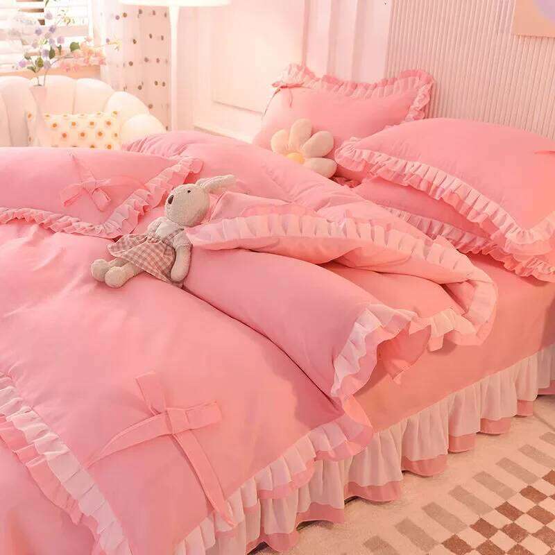 Girls Bedding Sets Kawaii Seersucker Bed Sheet Pillowcase Fashion Princess Duvet Cover Solid Color 4 Pieces Cute Home Decoration H260312