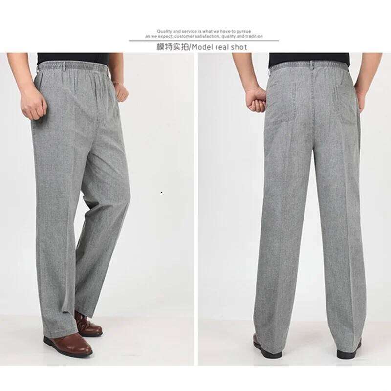 Mens Cotton Linen Long Summer Elastic Trousers Solid Breathable High Waist Loose Leisure Resort Thin Straight Pants