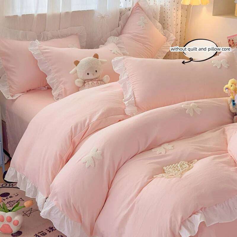 3 Piece Sheet Pink Bowknot Quilt Set, Comfortable Embroidery Bedding Set Bedspread for All Seasons H260312