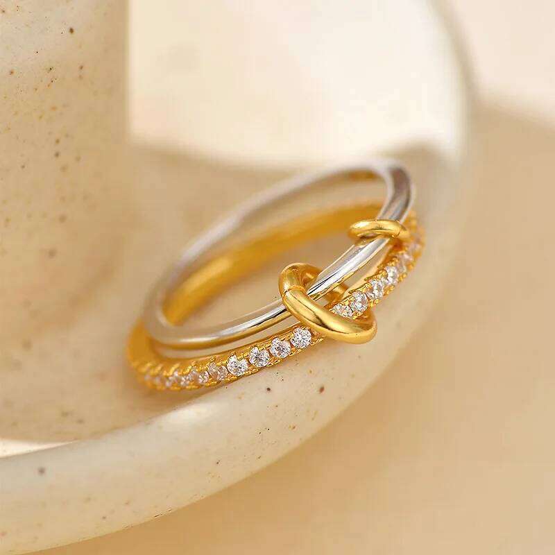 925 Sterling Silver Women Stackable Cubic Zirconia Inlaid Double Layer Rings Multi-Link Connected Stack Full Fine Jewelry H260312