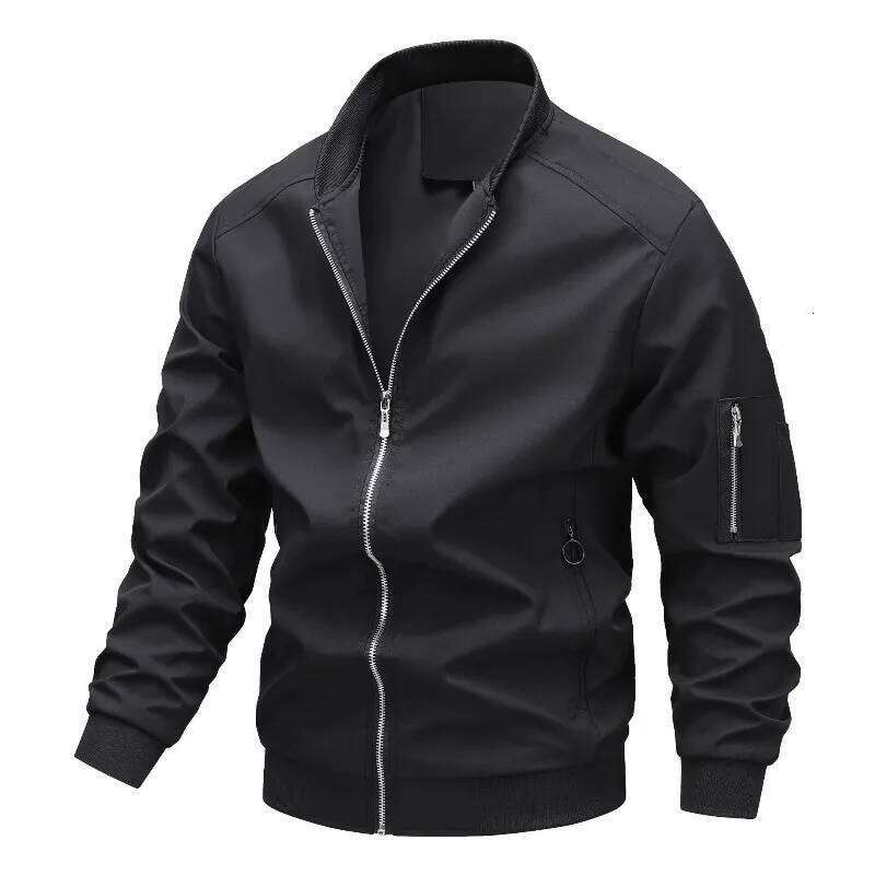 Men's Stand Collar Up Bomber Jacket with Multiple Zip Pockets Functional Casual Windbreaker for Daily and Outdoor Wear 26H0311