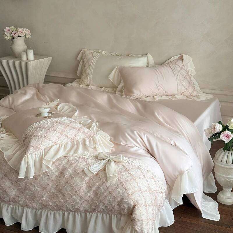 Princess Style Lace Ruffles Bow Bedding Set Lyocell Soft Silky Cool Feeling Duvet Cover Bed Sheet/Fitted Sheet Pillowcases 4Pcs H260312