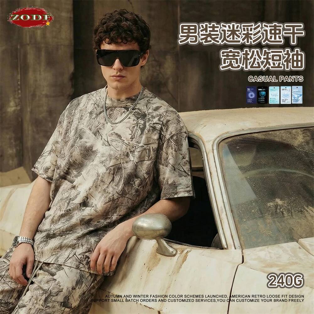 ZODF Trendy 2026 Summer Man Camouflage Printing T-Shirts Unisex High Street 240gsm Sport Quick Dry T Shirt Streetwears HY1176