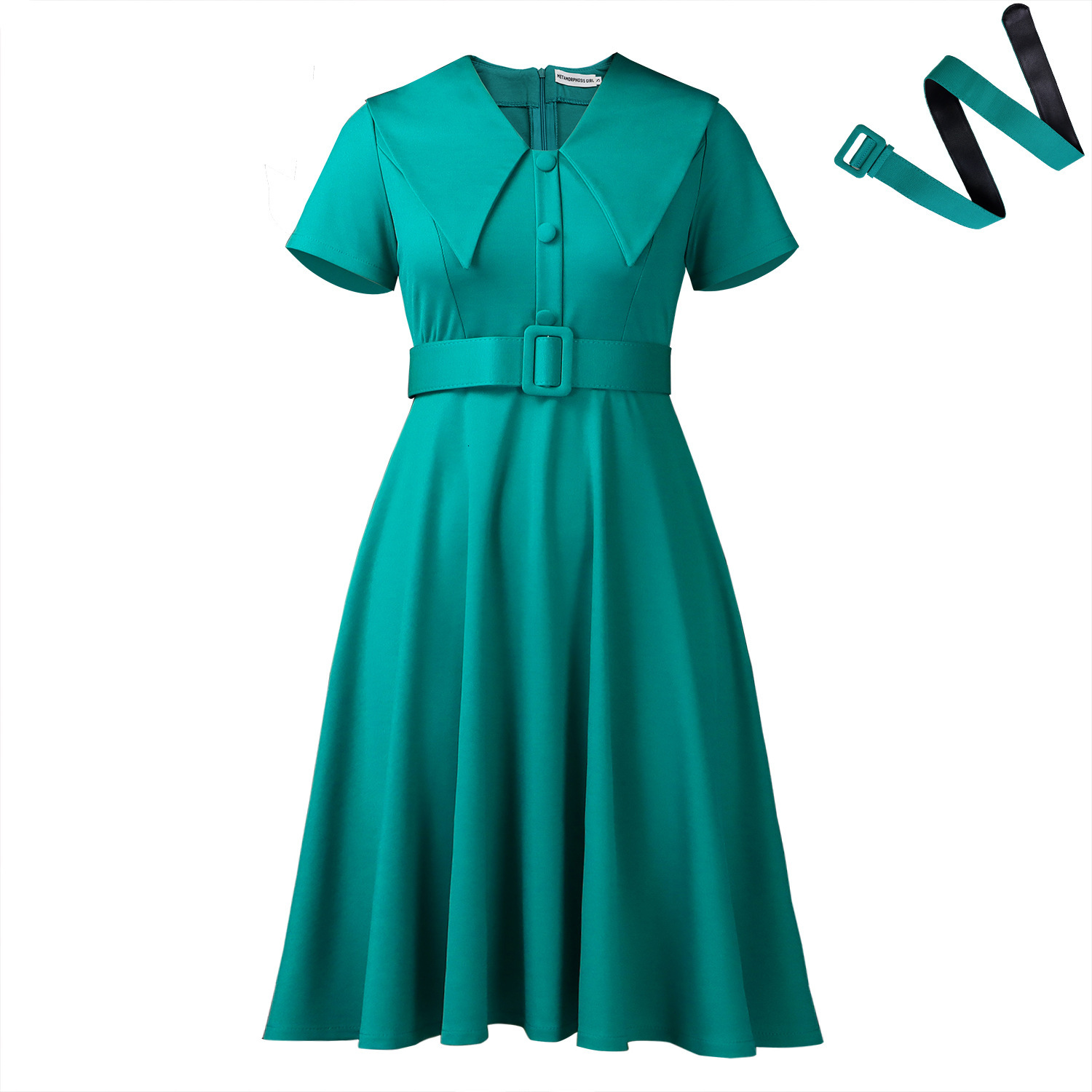 D588 Womens Fashionable Elegant Doll Collar Short Sleeve Stretchy Large Hem Dress
