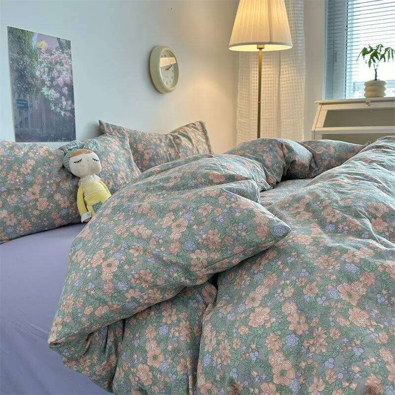 Wrinkled Yarn Washed Cotton Pastoral Four-piece Set Double Cartoon Style Bed Single Quilt Cover Dormitory Three-piece H260312
