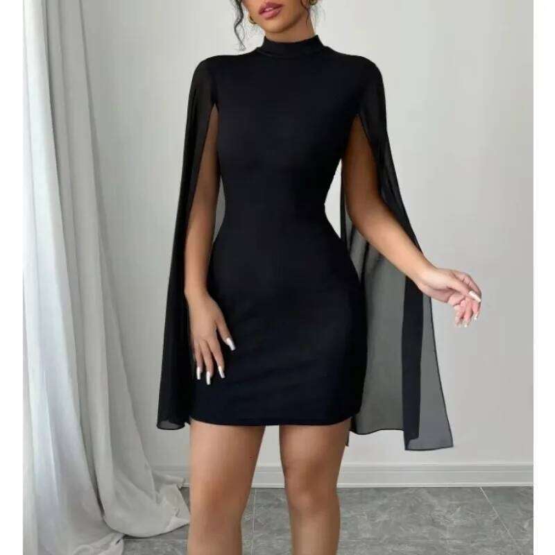 2025 Black Evening Party Dresses Women's Round Neck Pit Bar Pearl Chiffon Cloak Wrapped Hip Dress for Women Vestidos Para Mujer C260312