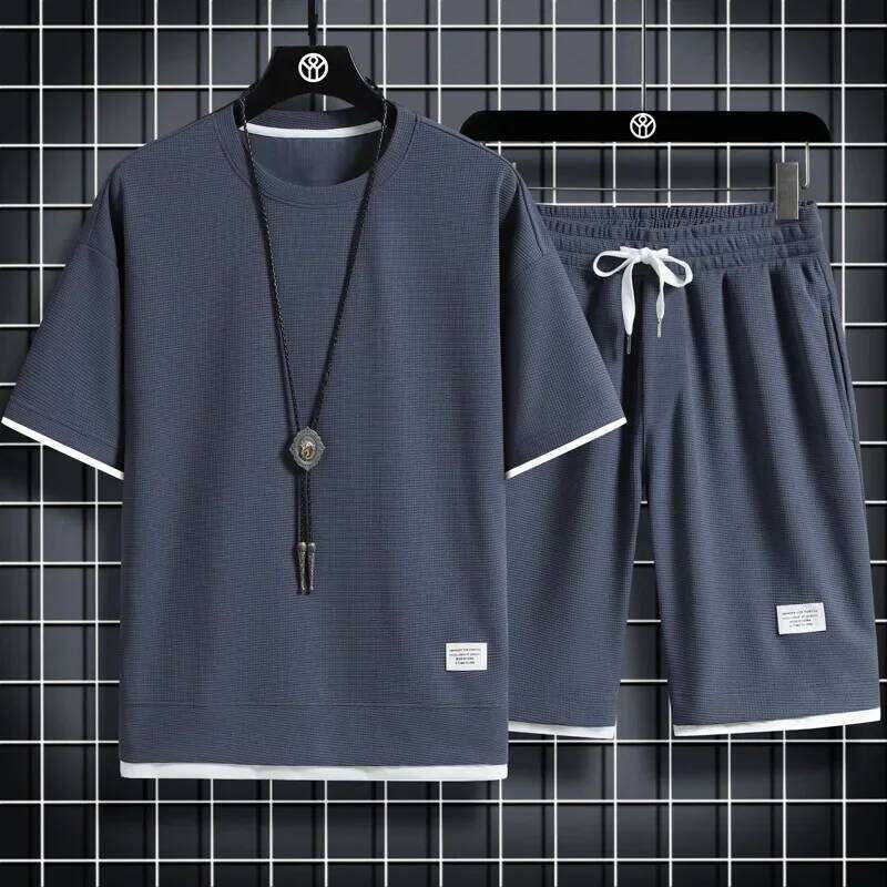 2025 Summer Men's Sports Casual T-Shirt + Set Waffle Solid Color Short-sleeve Shorts Two Sets Tracksuit Loose Suits