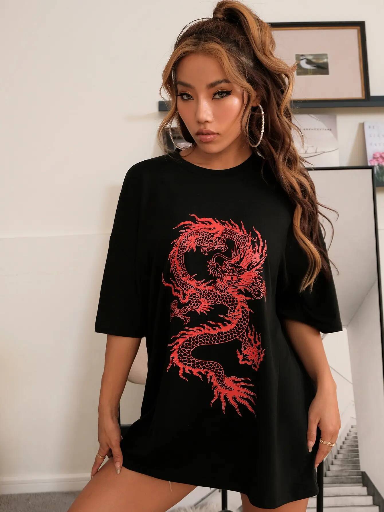 Chinese Red Dragon Pattern Printed T-Shirts Women Fashion Street Short Sleeve Summer Oversize 100% Cotton T Shirt Loose Tees Top ddmythur