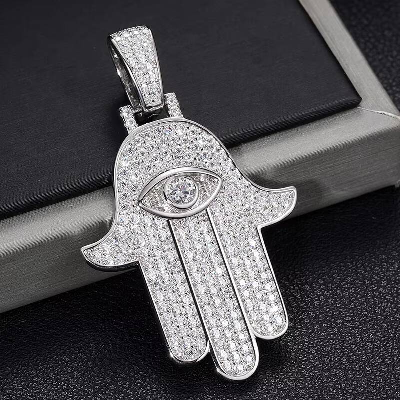 Dropshipping Fine Jewelry 925 Sterling Silver VVS Moissanite Bling Iced Out Eye Hamsa Hand Pendant for Men Women