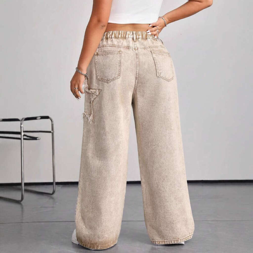 Women'S Denim Wide-Leg Jeans, Embroidered Star Details, Raw Edges, Straight-Leg Jeans, Non-Stretch Denim With Slant Pockets