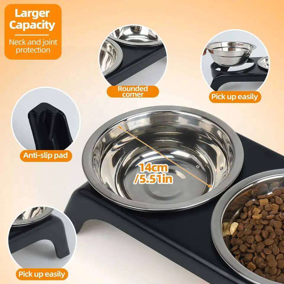 Elevated pet bowl with two stainless steel bowls, suitable for small medium-sized dogs cats, available in black and gray 26Y0312