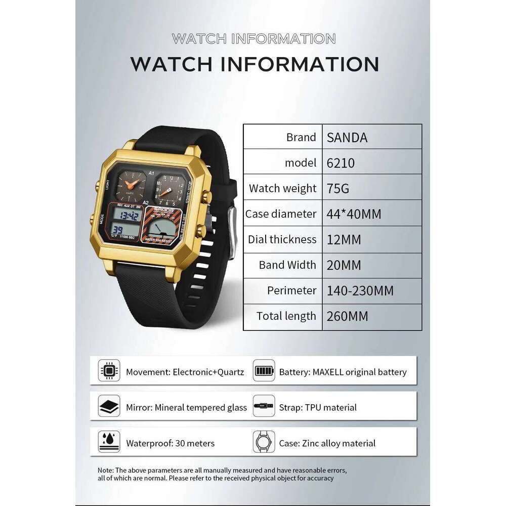SANDA 6210 Fashionable Multi functional Intelligent Temperature Gauge Waterproof Men's Electronic Watch