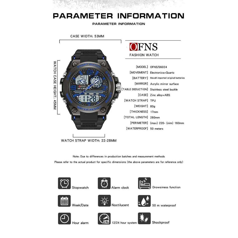 OFNS Top Brand 6024 Casual Waterproof Dual Screen Digital Men's Sports LED Date Clock Silicone Watch Band