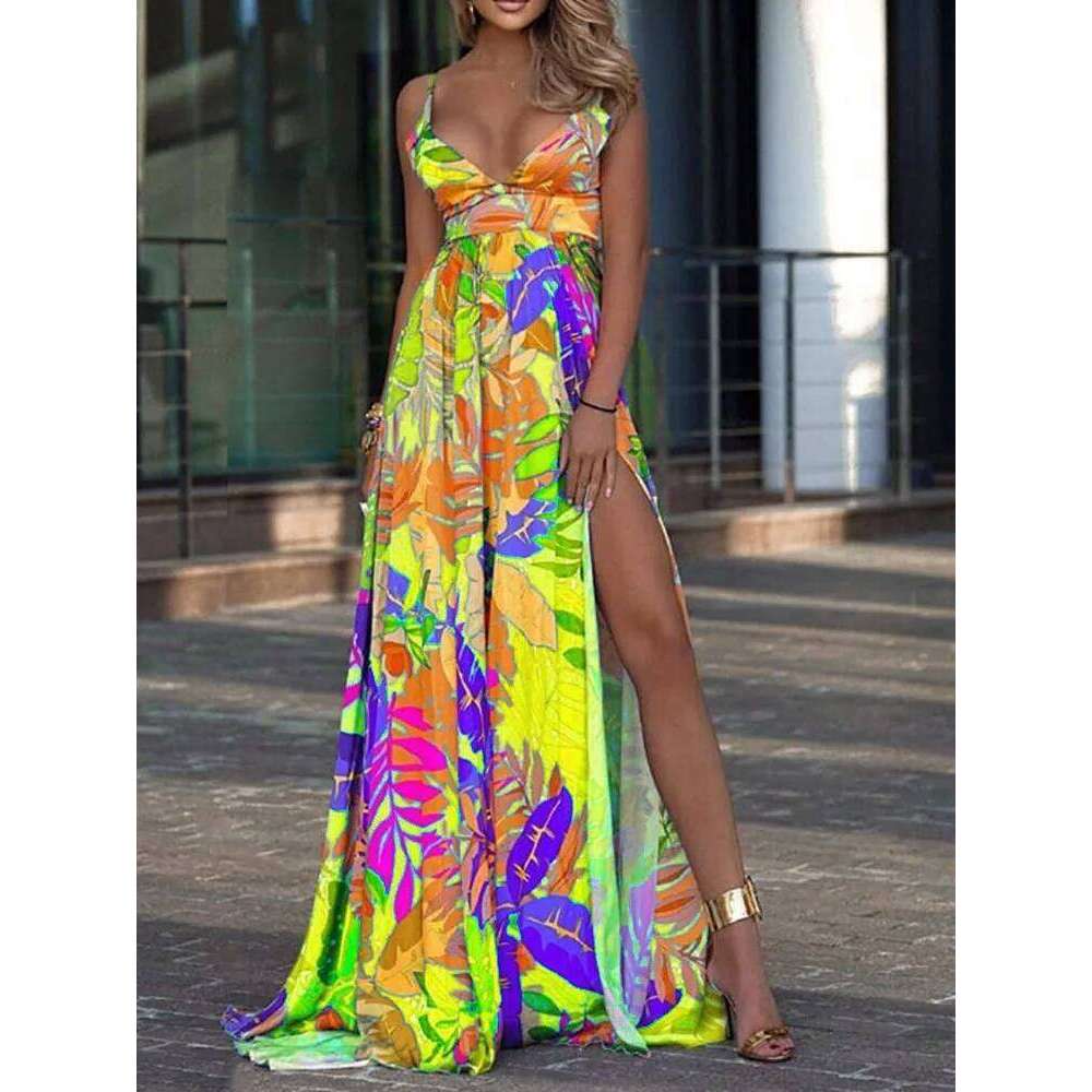 Color Print Spaghetti Strap Long Dresses Women Sexy Deep V-neck Backless Slit Dress Fashion Bohemian Beach Vacation Maxi Vestido C260312